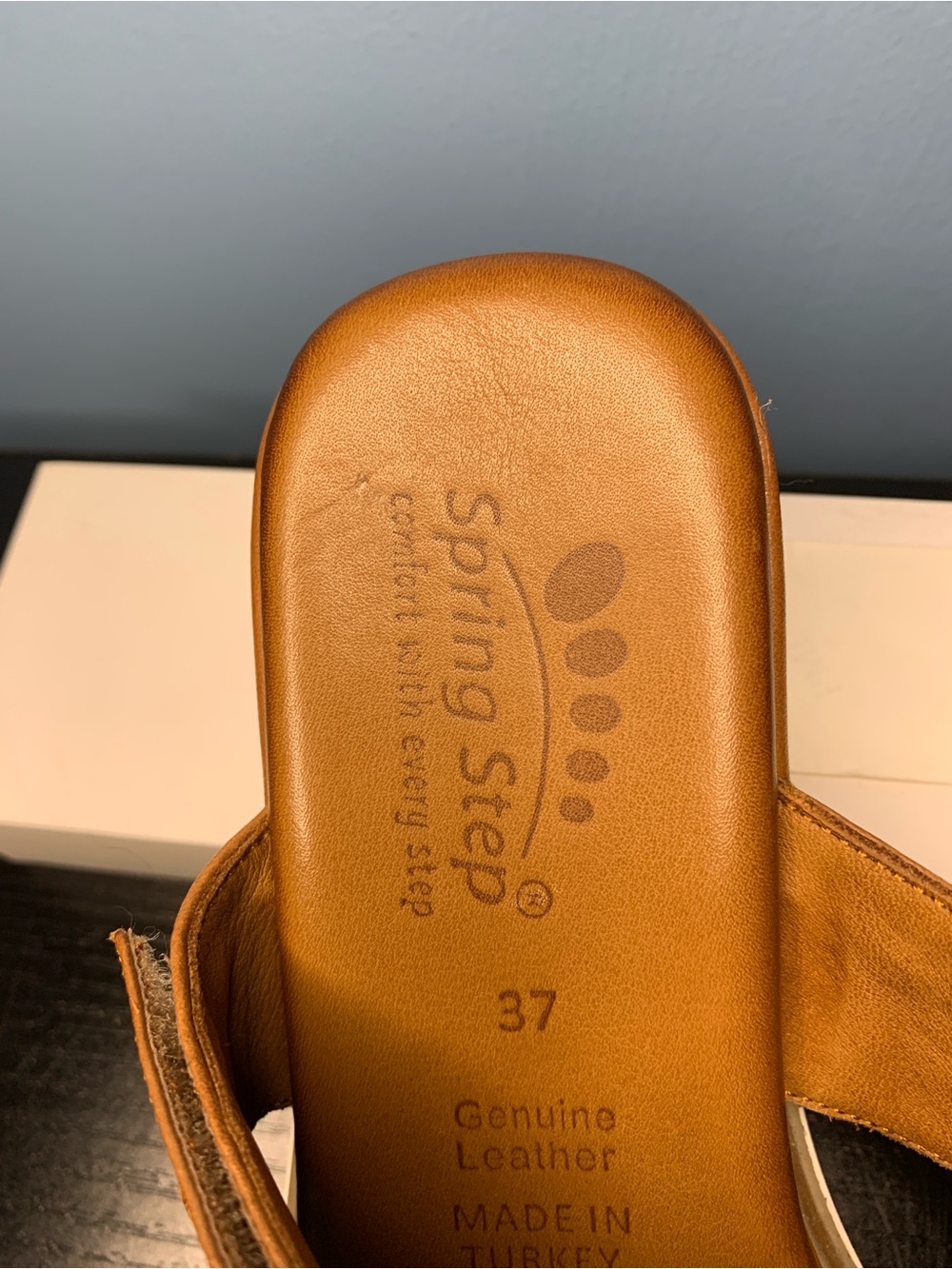 Spring Step Tan Leather Slide Sandals with Gold Accent - Picture 3 of 7